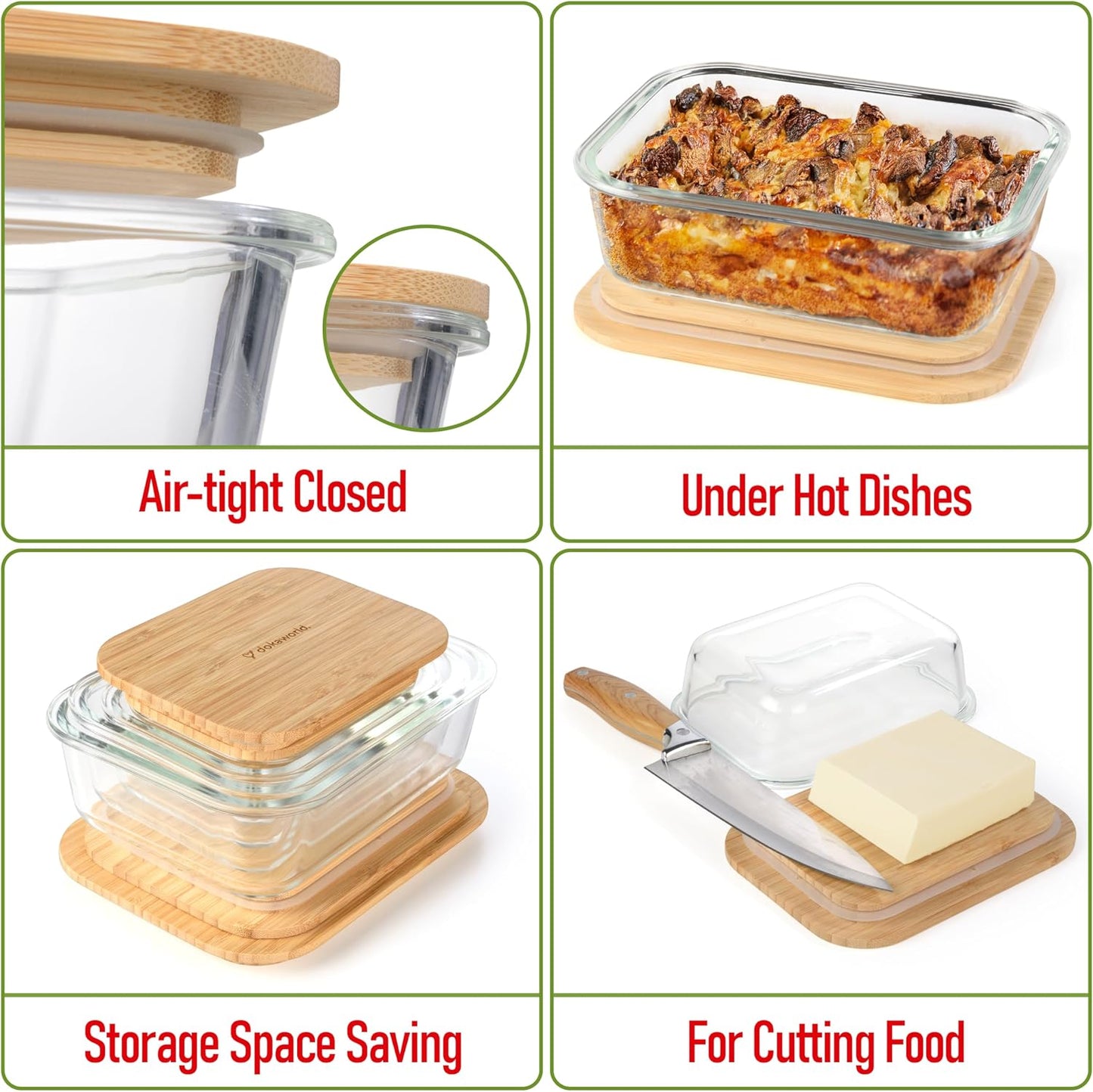 Set of 4 Stackable Space-Saving Nesting Glass Bowls with Airtight Acacia Lids for Lunch, Meal & Food Prep - Microwave & Oven-ready BPA Free Durable Heat Resistant Inert Borosilicate Glass