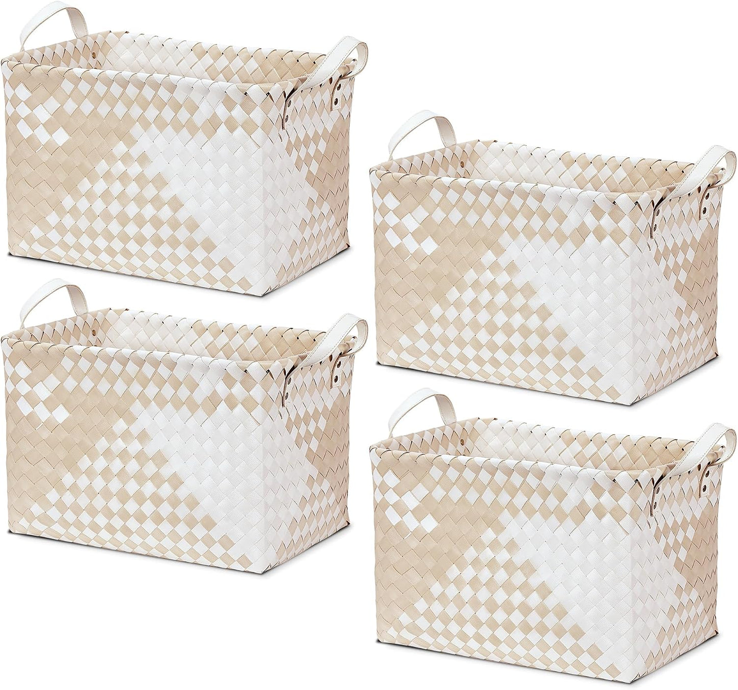 15L Laundry Baskets Waterproof Storage Baskets For Shelves Large Laundry Hamper With Leather Handle -set of 4 Cube Organizers Woven Bins for Bathroom,Bedroom,Pantry,Clothes,Car & Towels-Brown