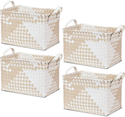 15L Laundry Baskets Waterproof Storage Baskets For Shelves Large Laundry Hamper With Leather Handle -set of 4 Cube Organizers Woven Bins for Bathroom,Bedroom,Pantry,Clothes,Car & Towels-Brown