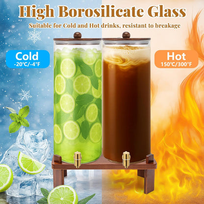 FillTouch 2 Pack 5 Gallon Glass Drink Dispenser with Acacia Wood Stand and Lid, Large Glass Beverage Dispenser with Spigot Perfect for Juice, Tea, Sangria, Lemonade, Weddings, Party, Outdoor Events