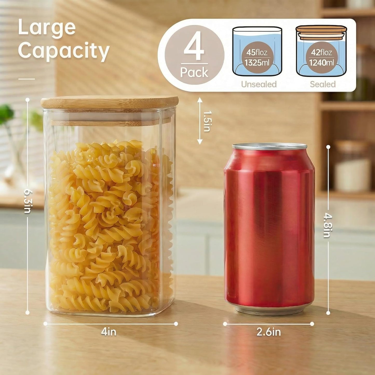 Extra Large Square Glass Flour & Sugar Storage Containers with Airtight Lids, 168 floz - 2 Pack Glass Jars with Bamboo Lids for Pantry, Air tight Food Storage Containers for Cereal, Pasta, Rice