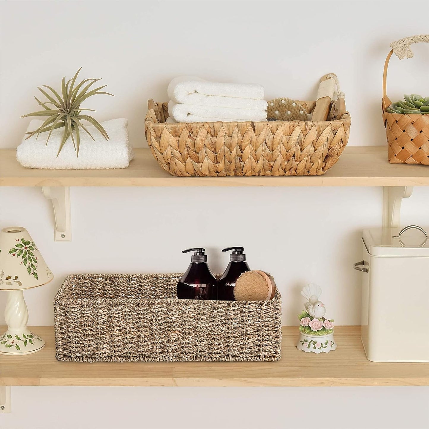 2-Pack Handwoven Water Hyacinth Storage Baskets with Handles, Wicker Bins for Pantry Organization, Shelf or Closet Organizer, Decorative Boho Rectangular Basket 13.5" x 8"