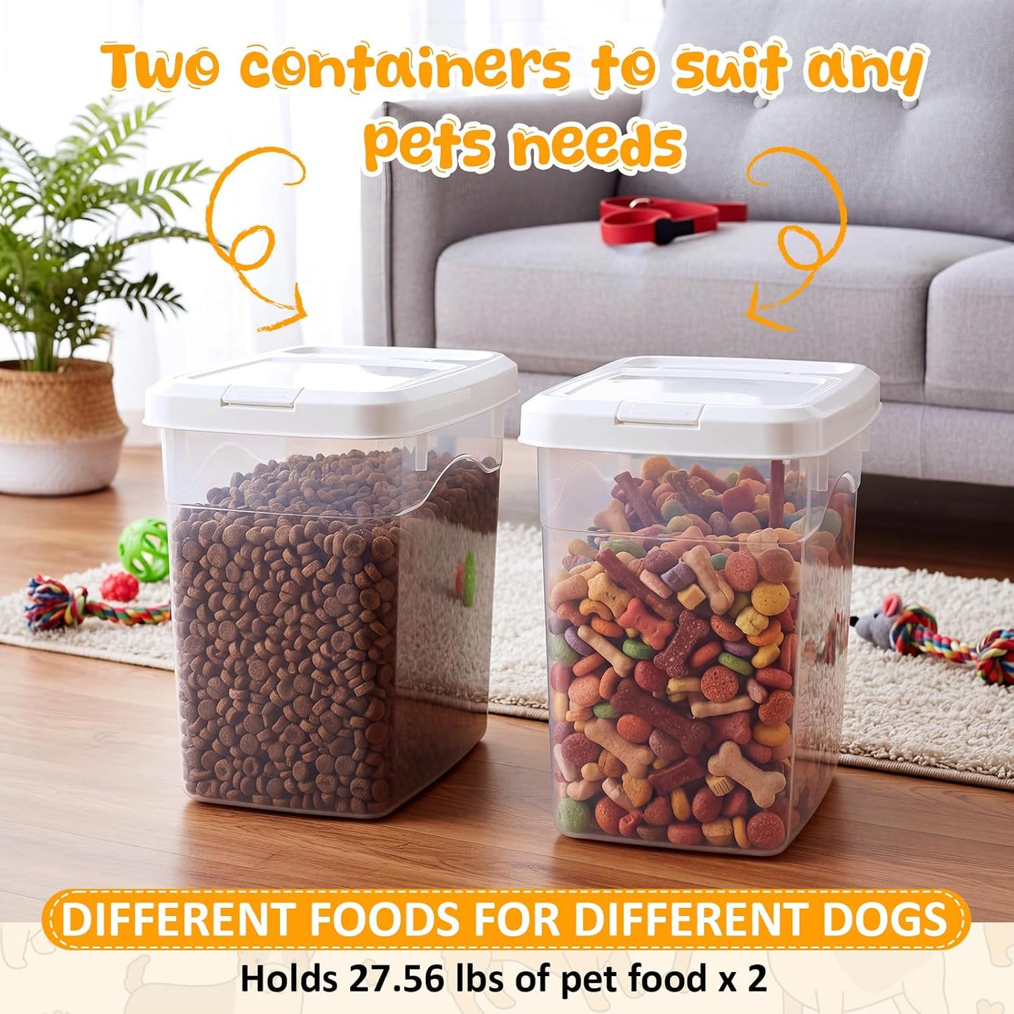2 Pack Airtight Dog Food Storage Container, 27.6 Lbs Clear Pet Food Storage Bin with 2 Measuring Scoops for Pet Dog Cat Grain Rice Treat
