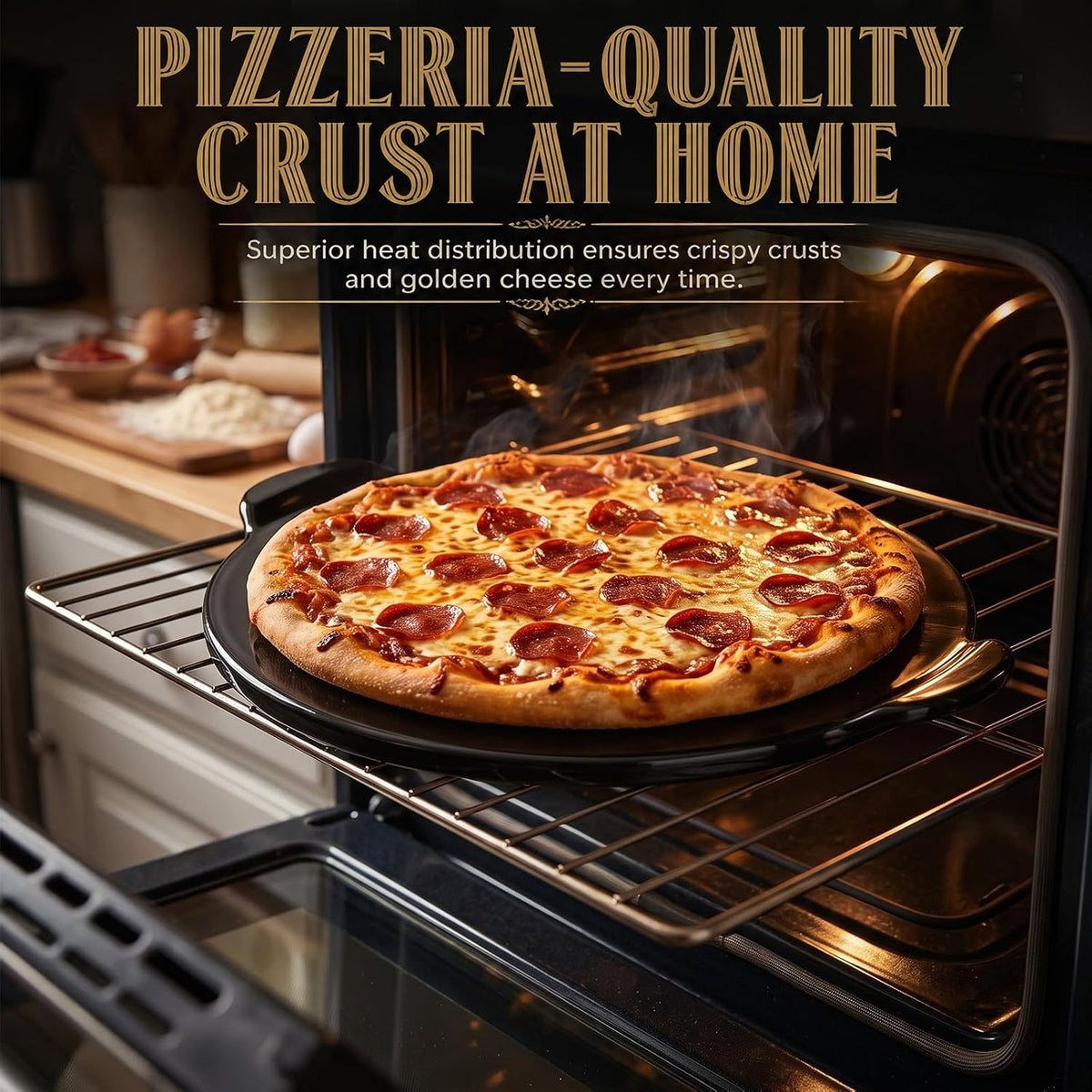 Geetery 14.5 Inch Glazed Ceramic Pizza Stone with Handles, Black