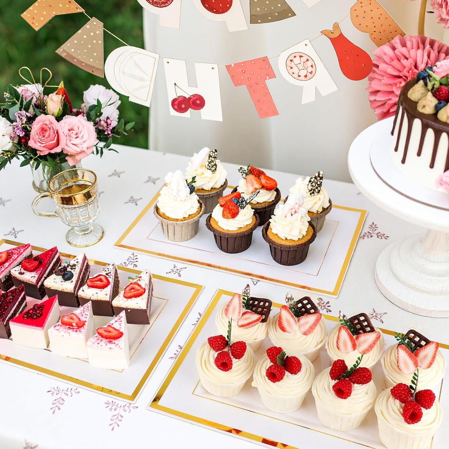 12 Pcs White and Gold Rim Plastic Serving Trays, Disposable Platters Rectangle Serving Trays and Platters for Food Fruit Dessert Cupcakes Cookies Appetizers Parties Holiday Weddings 13''x7.9''