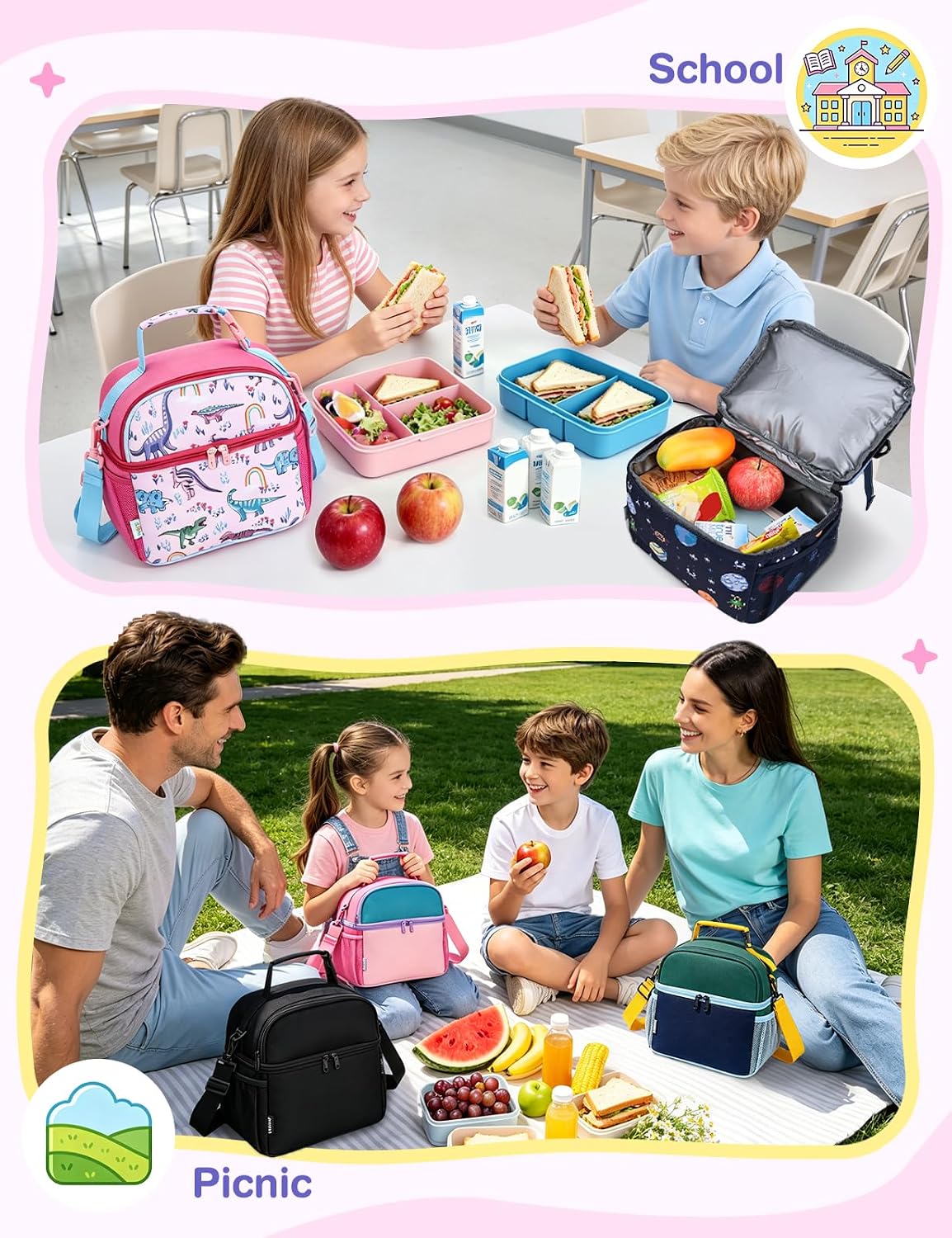 VASCHY Lunch Box Bag for Kids, Insulated Double Compartments Cooler Lunch Tote for Toddlers Boys Girls School/Daycare/Picnic Black Dinos