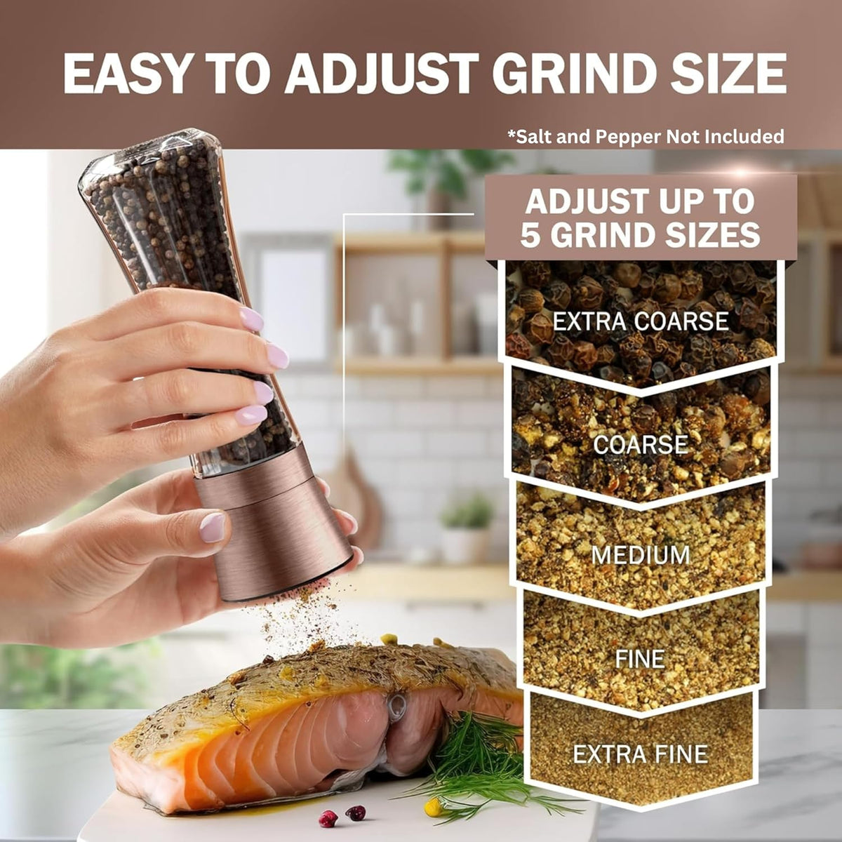 Home EC Premium Stainless Steel Sea Salt and Pepper Grinder Set of 2 - Adjustable Ceramic - Tall Glass Salt and Pepper Shakers - Kitchen Spice Mill W/Funnel & EBook