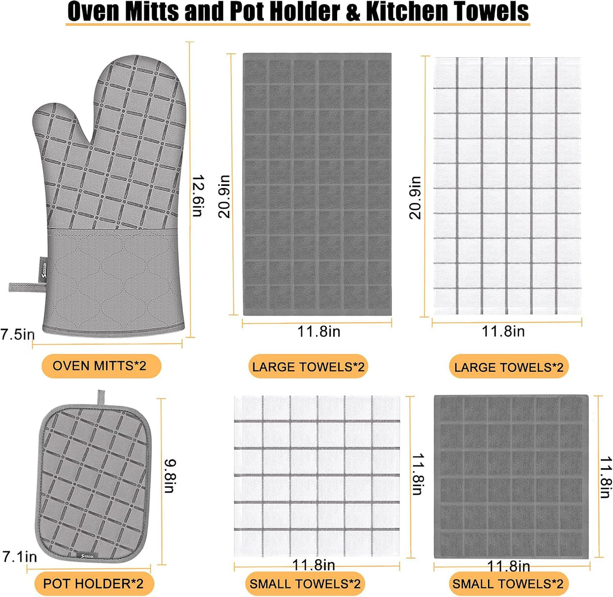 Oven Mitts Kitchen Towels and Dishcloths Pot Holders Sets, Oven Gloves Kitchen Dish Towels 500 Degree Heat Resistant Potholders with Non-Slip Silicone Surface for Cooking, Grilling, Baking-Gray