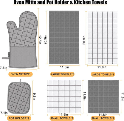 Oven Mitts Kitchen Towels and Dishcloths Pot Holders Sets, Oven Gloves Kitchen Dish Towels 500 Degree Heat Resistant Potholders with Non-Slip Silicone Surface for Cooking, Grilling, Baking-Gray