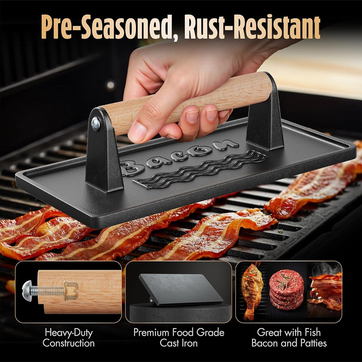 Pisol Cast Iron Smash Burger Press, Steak Weight Bacon Meat Press Tool