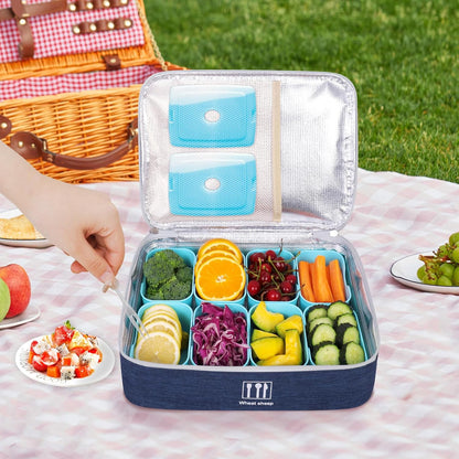 Snack Box Container with Insulated Cooler Bag, Divided Serving Tray with Lid and Handle Beach Essentials, Snackle Box Veggie Fruit Tray with 8 Compartments & 8 Forks & 2 Spoon