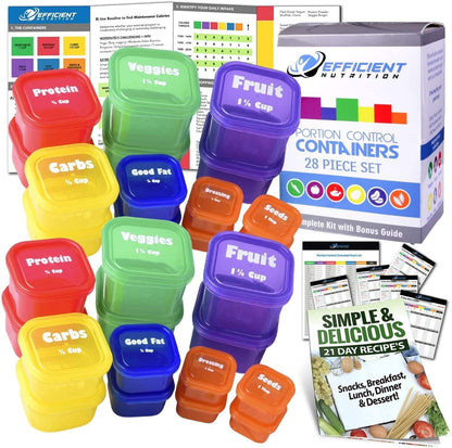Efficient Nutrition Portion Control Containers DELUXE Kit (14-Piece) with COMPLETE GUIDE + 21 DAY PLANNER + RECIPE eBOOK BPA FREE Color Coded Meal Prep System for Diet and Weight Loss