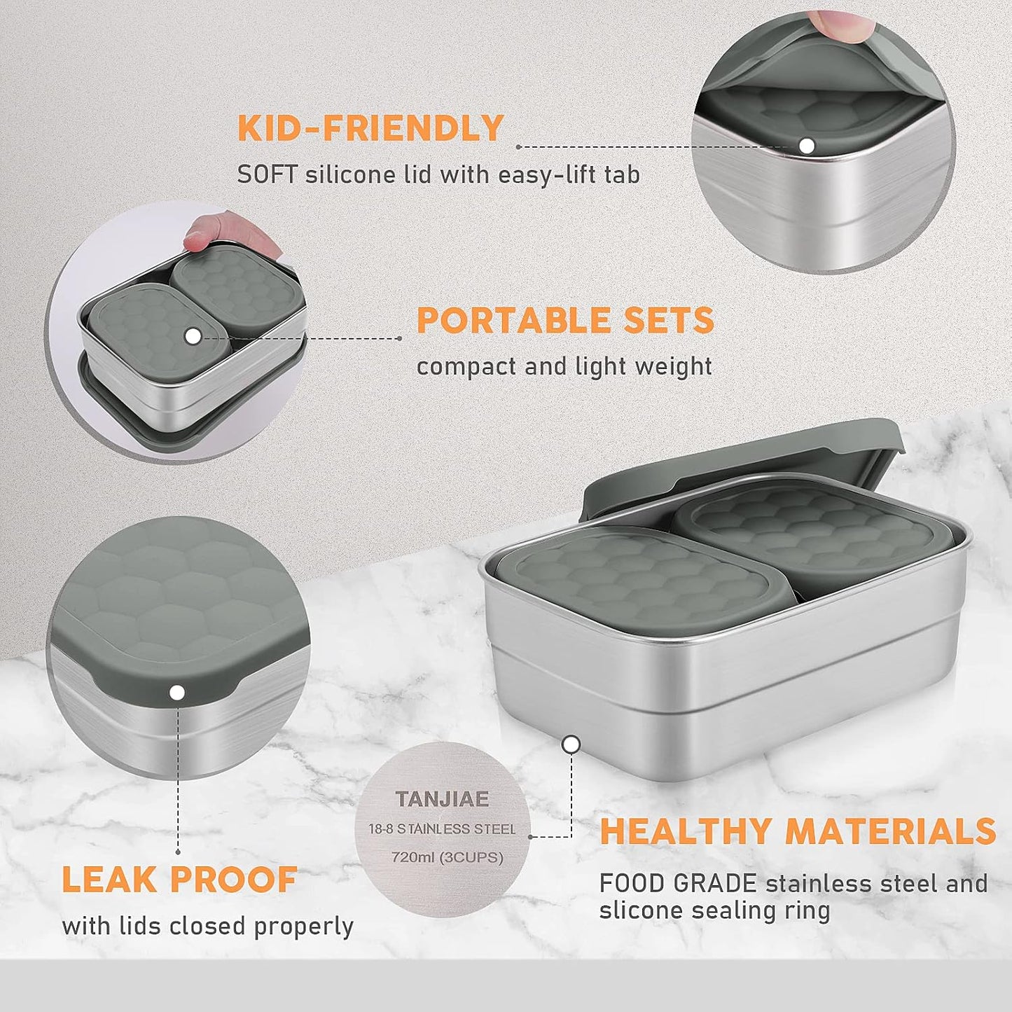 Tanjiae Small (1 CUP) Stainless Steel Snack Containers for Kids | Easy Open Leak Proof Food Containers with Silicone Lids - Perfect Metal Toddler Lunch Box for Daycare and School (8oz)