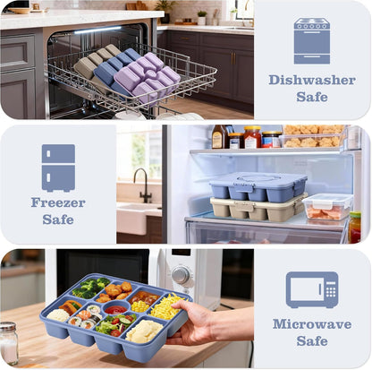 Snackle Box Container, Divided Serving Tray with Lid and Handle, 9 Compartments Snack Box Container for Adults, Portable Charcuterie Serving Platter for Candy Fruit, 9.9 Cups, White Grey