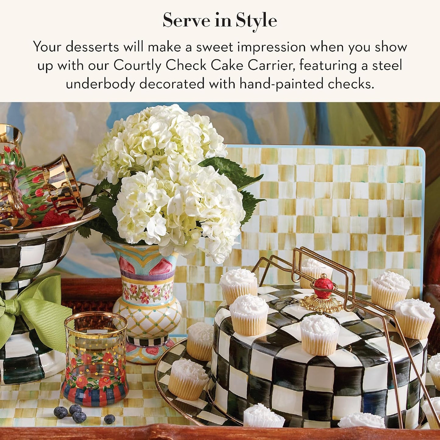 MACKENZIE-CHILDS Cake Carrier, Cake-Dish Serving Platter with Lid and Handles, White Flower Market with Black-and-White Courtly Check