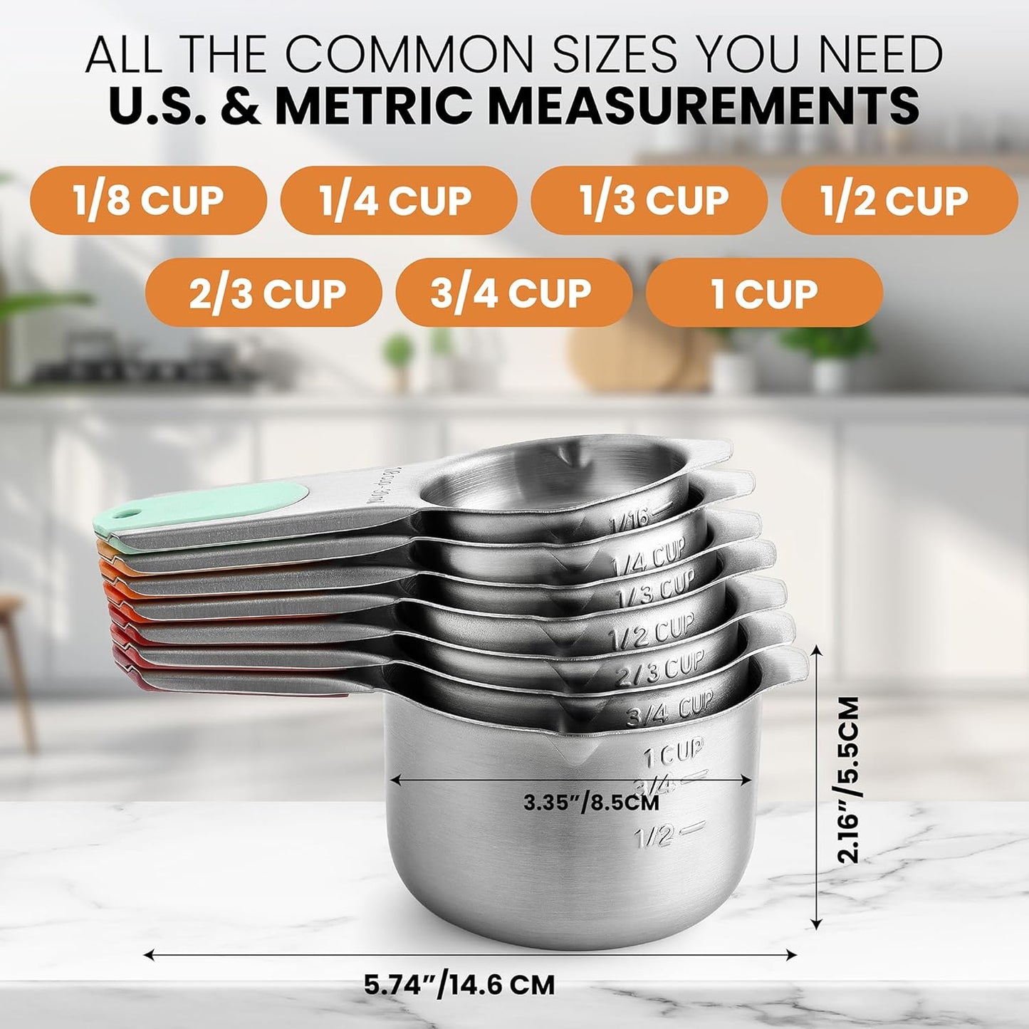 Spring Chef Stainless Steel Measuring Cups Set of 7 with Pour Spout - Nesting Kitchen Tools with Easy Read Markings to Measure Dry or Liquid Ingredients - Metal Measuring Cups for Baking & Cooking