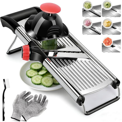Masthome Adjustable Mandoline Slicer, Thin to 9mm Slice, 4.5mm & 9mm Julienne - Vegetable Cutter for Potato Carrot Onion - Stainless Steel - with Glove & Brush (Red)