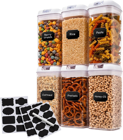 Set of 6 Airtight Food Storage Containers - Pantry Organizer Bins, BPA Free Plastic Containers plus Dry Erase Marker and Labels, Pink