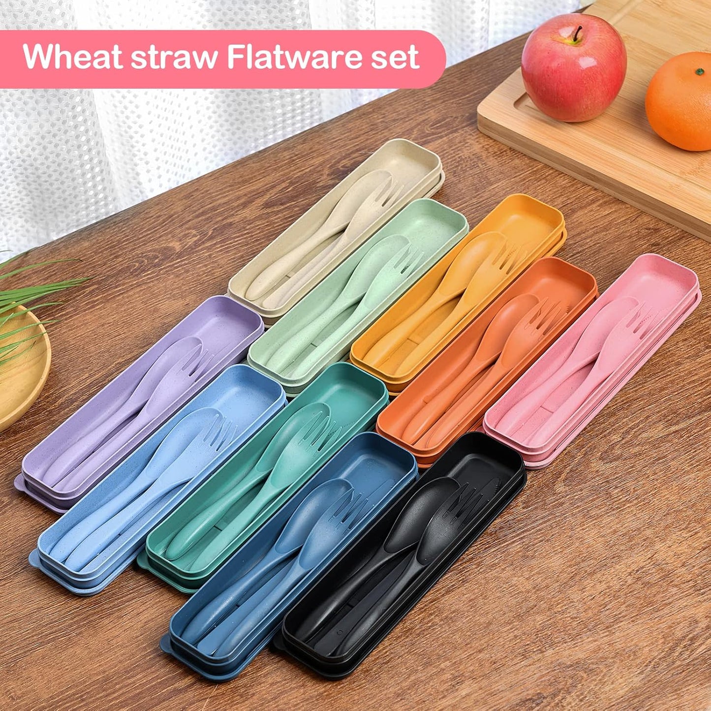 Reusable Travel Utensils Set with Case, 4 Sets Wheat Straw Portable Knife Fork Spoons Tableware, Eco-Friendly BPA Free Cutlery for Kids Adults Picnic Camping Utensils(Green, Beige, Pink, Blue)
