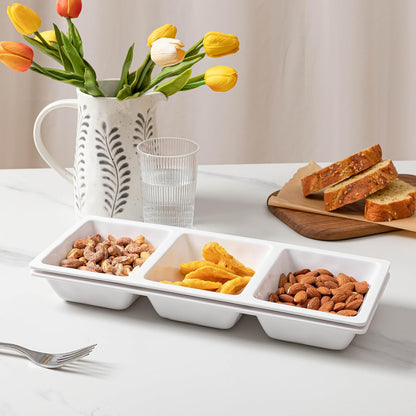 Chip & Dip Serving Tray Set, 4 Sectional Round Melamine Serving Platter, Relish Tray, Round Compartment Appetizer platter for Veggies, Candy and Snacks, Matte Black, Set of 2