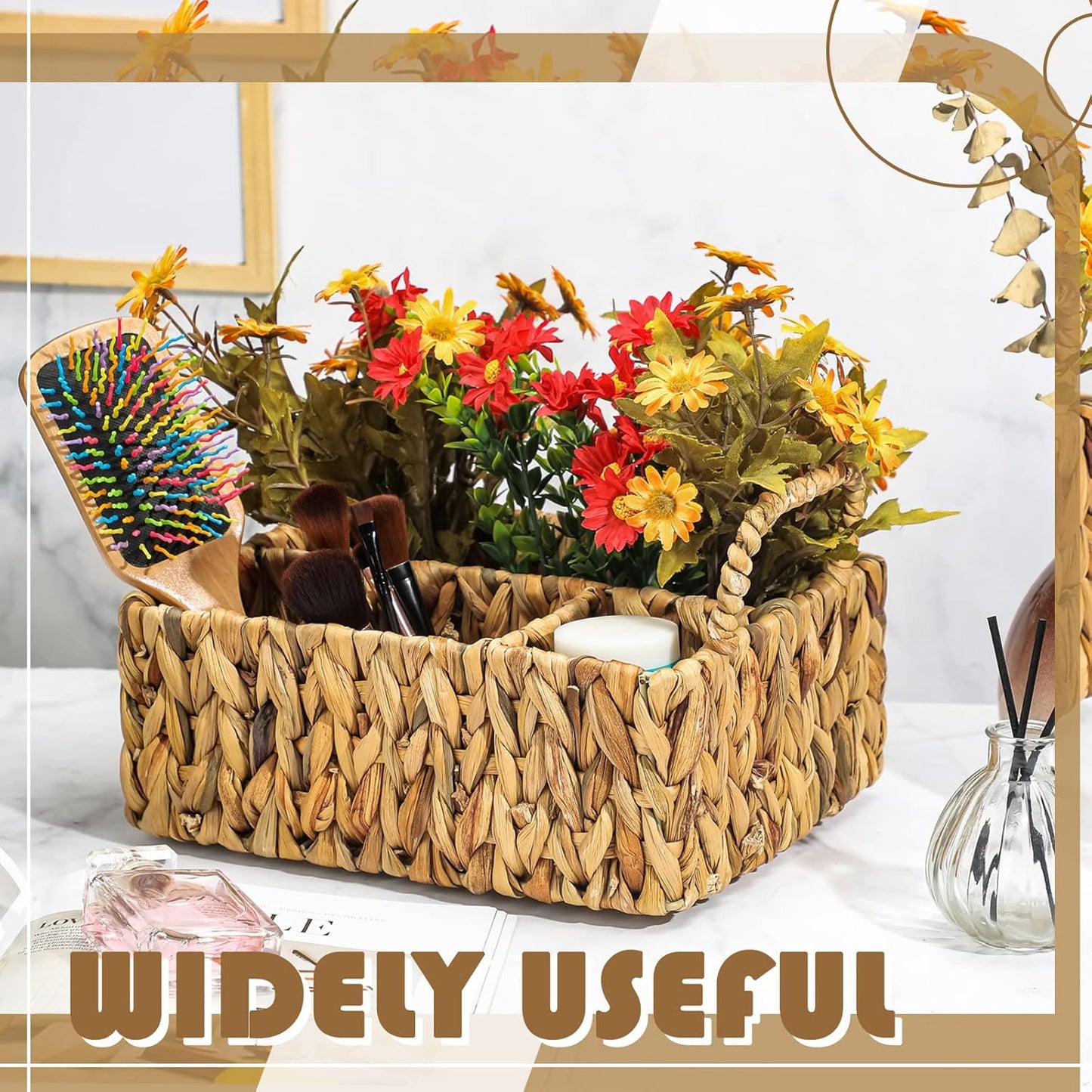 Glenmal Wicker Flatware Storage Basket Utensil Caddy Hand Woven Divided Cutlery Holder Kitchen Utensil Organizer Water Hyacinth Silverware Organizer with Handle for Countertop Party (Rectangular)