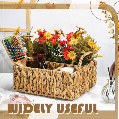 Glenmal Wicker Flatware Storage Basket Utensil Caddy Hand Woven Divided Cutlery Holder Kitchen Utensil Organizer Water Hyacinth Silverware Organizer with Handle for Countertop Party (Rectangular)