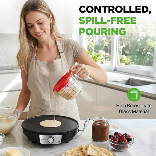 NutriChef 1,2 and 4 Cups Glass Measuring Cup Set with Lids (8, 17 and 34 oz) - Heat-Resistant Borosilicate Liquid Measure Cups with Easy-Read Scale for Cooking, Baking & Food Storage, Dishwasher Safe