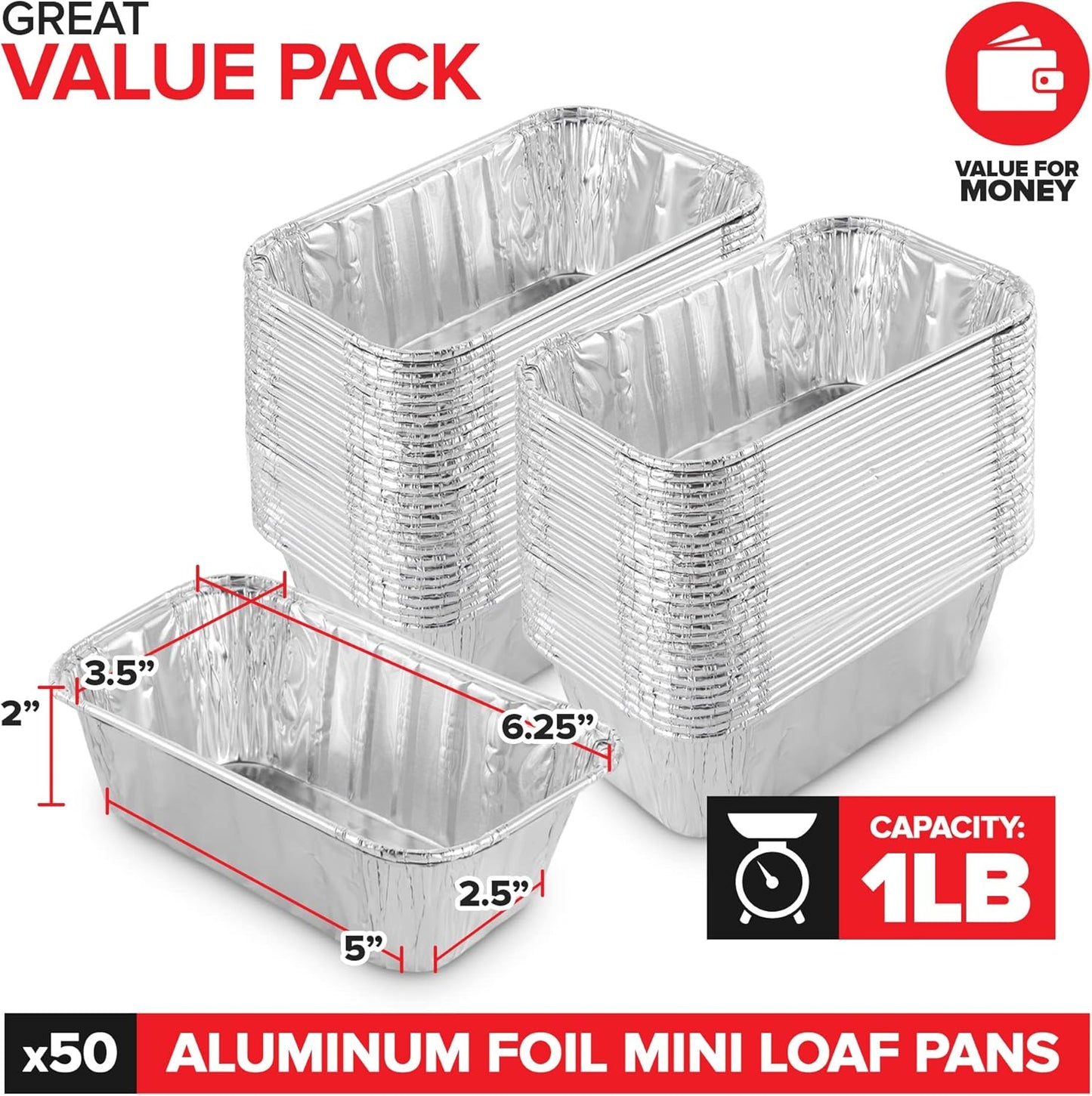 Stock Your Home Aluminum Pans Mini Loaf Pans (50 Pack) 1 Lb Aluminum Foil Tin Pans, Small Loaf Pans – 1 Pound Disposable Baking Pans Perfect for Baking Cakes, Bread Loaves - 6 x 3.5 x 2