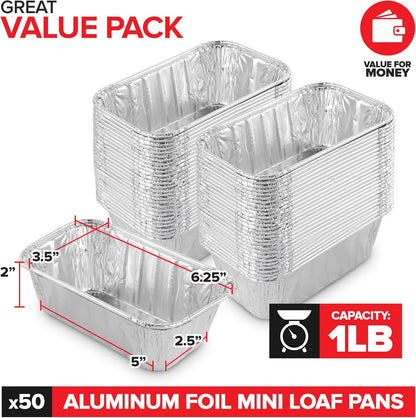 Stock Your Home Aluminum Pans Mini Loaf Pans (50 Pack) 1 Lb Aluminum Foil Tin Pans, Small Loaf Pans – 1 Pound Disposable Baking Pans Perfect for Baking Cakes, Bread Loaves - 6 x 3.5 x 2