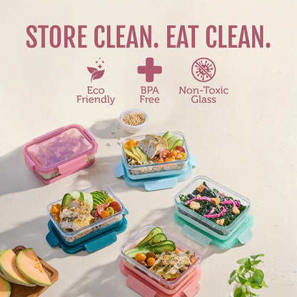 Ello Duraglass 3.4 Cup Meal Prep Sets 10Pc, 5 Pack Set- Glass Food Storage Container with Silicone Sleeve and Airtight BPA-Free Plastic Lids, Dishwasher, Microwave, and Freezer Safe, Olive Tree