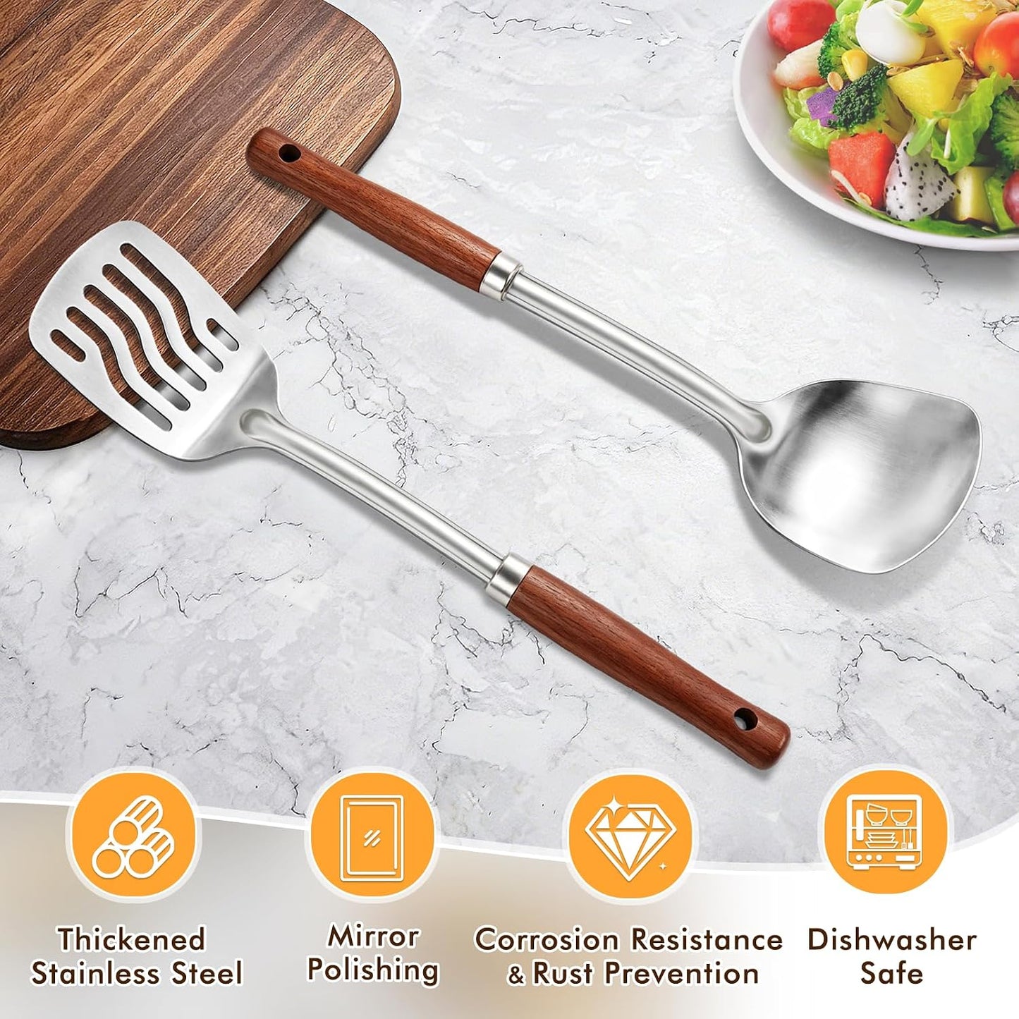 2 Pcs Stainless Steel Spatulas Set, Metal Spatula Solid & Slotted Turner, Heavy Duty Sturdy Spatula for Kitchen Use, High Heat Resistant Cooking Utensils for Fish Eggs Pancakes, Easy to Clean, Silver