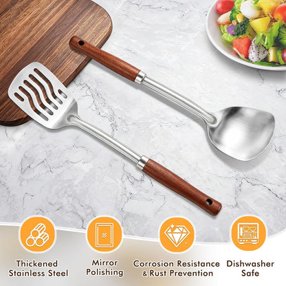 2 Pcs Stainless Steel Spatulas Set, Metal Spatula Solid & Slotted Turner, Heavy Duty Sturdy Spatula for Kitchen Use, High Heat Resistant Cooking Utensils for Fish Eggs Pancakes, Easy to Clean, Silver