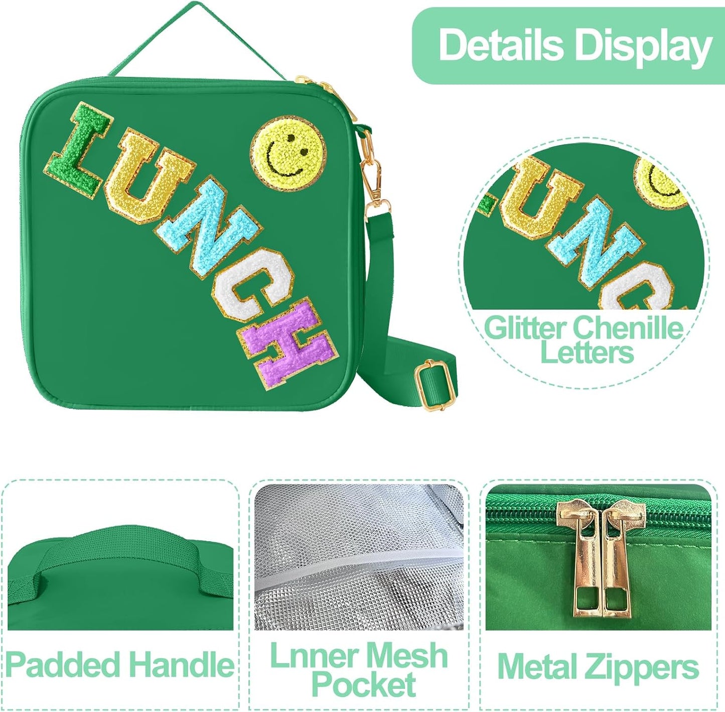 Insulated Lunch Bag With Adjustable Shoulder Strap, Nylon Preppy Lunch Box Large Insulated Lunch Bag Reusable Lunch Tote Bag with Smiley Preppy LunchBag for Girls School Travel Picnic (Green)