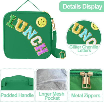 Insulated Lunch Bag With Adjustable Shoulder Strap, Nylon Preppy Lunch Box Large Insulated Lunch Bag Reusable Lunch Tote Bag with Smiley Preppy LunchBag for Girls School Travel Picnic (Green)