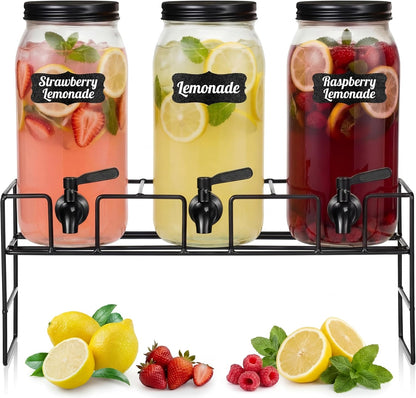 3 Pack 80 oz Glass Beverage Dispenser with Stand Clear Mason Jar Water Dispenser for Party, Fridge Includes Leakproof Stainless Steel Spigot, Black Lid and Label(Black)
