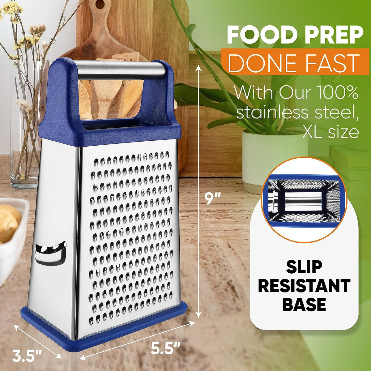 Spring Chef Stainless Steel XL Cheese Grater for Kitchen, Green