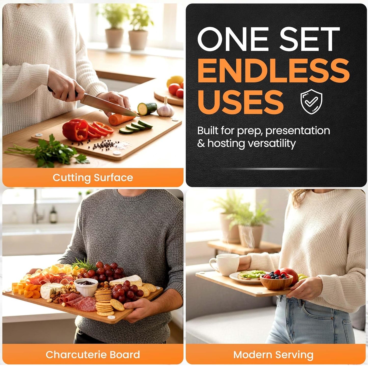 Earth's Dreams Composite Wood Cutting Board Set of 3 – Built In Juice Groove, Dishwasher Safe,Cutting Boards for Kitchen – Large, Medium & Small Non-Slip Wood Charcuterie & Chopping Boards (Tan/Black)