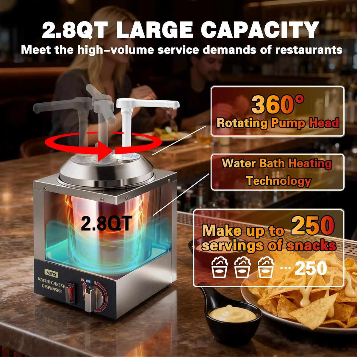 VONCI Nacho Cheese Dispenser, 2.8 Qt（2.5L） Nacho Cheese Warmer with Plastic Pump, Hot Fudge Dispenser with 6-Level Temperature Adjustment, Commercial Cheese Dispenser for Hot Fudge Cheese Caramel