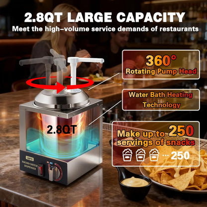 VONCI Nacho Cheese Dispenser, 2.8 Qt（2.5L） Nacho Cheese Warmer with Plastic Pump, Hot Fudge Dispenser with 6-Level Temperature Adjustment, Commercial Cheese Dispenser for Hot Fudge Cheese Caramel