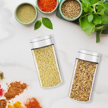 Segarty Spice Jars, 3 oz Spice Bottles with Shaker Lids, Glass Empty Seasoning Containers with Adjustable Pour Holes for Kitchen Spice Storage Stainless Steel Flow Top Salt and Pepper Shakers