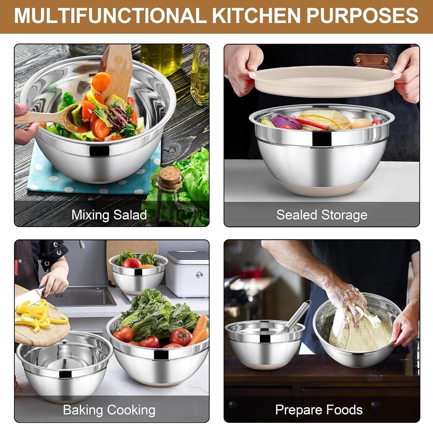 LIANYU Stainless Steel Mixing Bowls Sets of 6, Large 7, 3.5, 2.5, 2, 1.5, 1QT Size with Transparent Airtight Lids, Metal Nesting Serving Bowl Sets for Home Kitchen, Dishwasher & Freezer Safe, Black