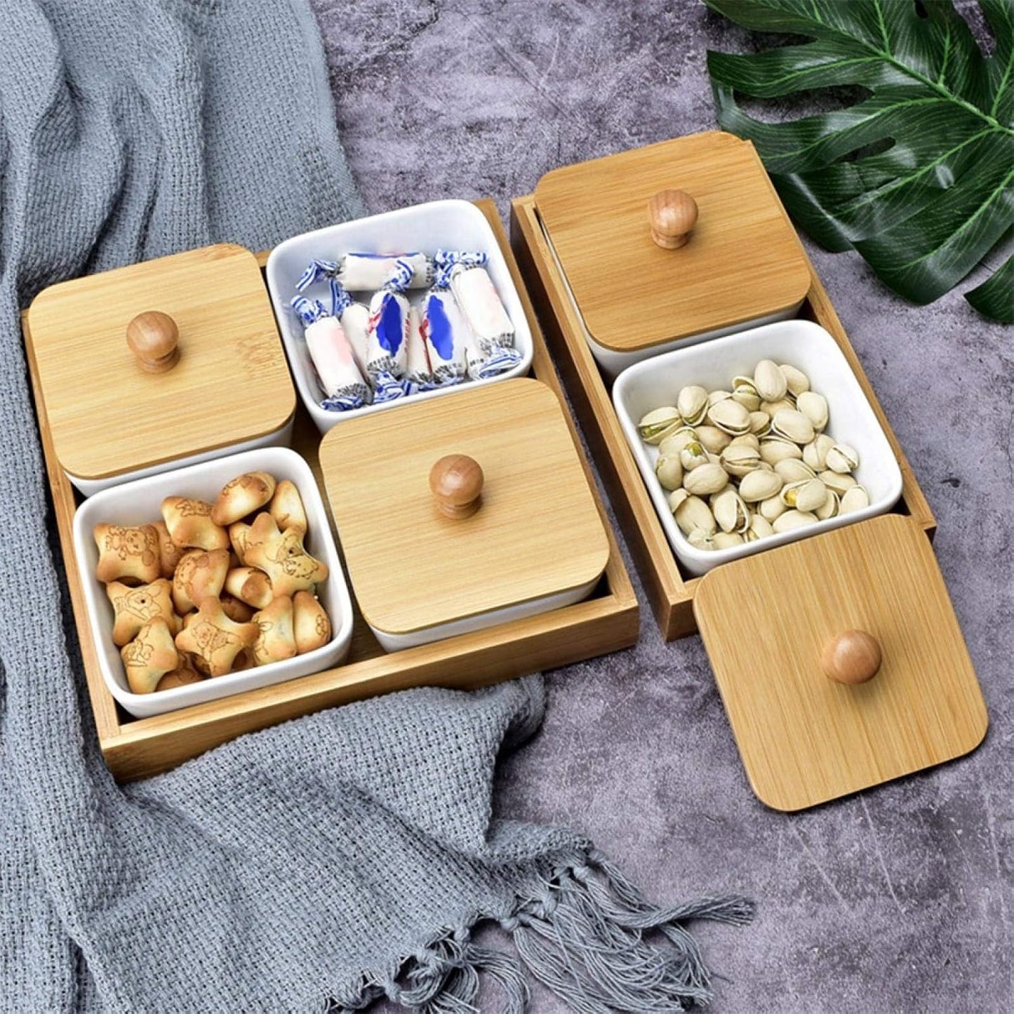 Joyzan Ceramic Divided Serving Dishes, Porcelain Snack Nut Condiments Appetizer Bowl Lids Dip Candy Platter Relish Bamboo Tray Removable Food Display Container Fruit Dessert Potato Chip Birthday Party