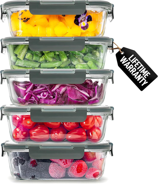 Zulay Kitchen 5 Piece Large 36oz Glass Tupperware Container Set with Lids - Premium BPA Free Borosilicate Glass Food Storage Containers - Leak-Proof Meal Prep - Microwave, Freezer & Oven Safe - Gray