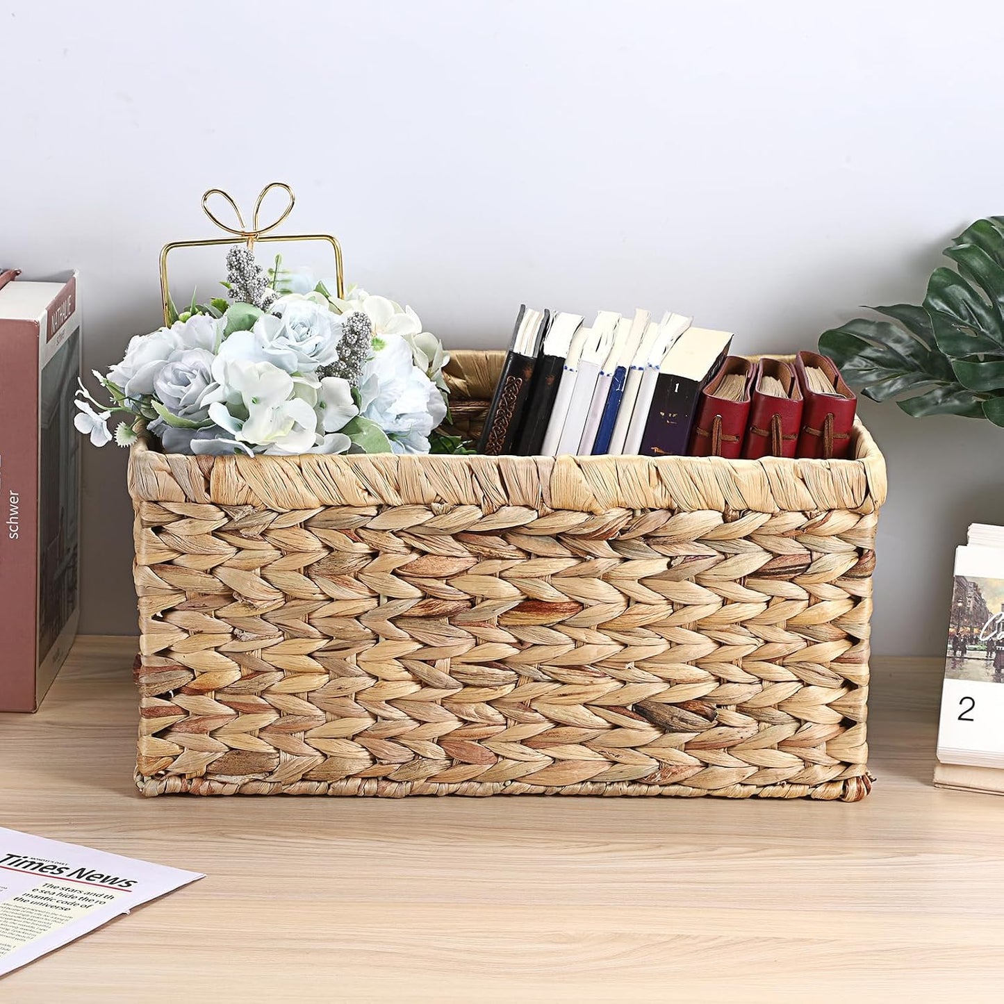 Hipiwe Water Hyacinth Storage Basket Bin Handwoven Decorative Basket Large Wicker Baskets Box with Handles Open Storage Bin Rectangular Baskets Containers for Shelf Pantry Organizing
