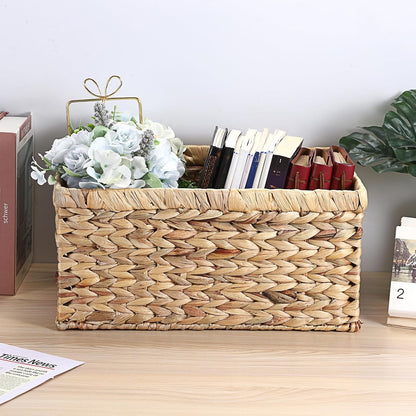 Hipiwe Water Hyacinth Storage Basket Bin Handwoven Decorative Basket Large Wicker Baskets Box with Handles Open Storage Bin Rectangular Baskets Containers for Shelf Pantry Organizing