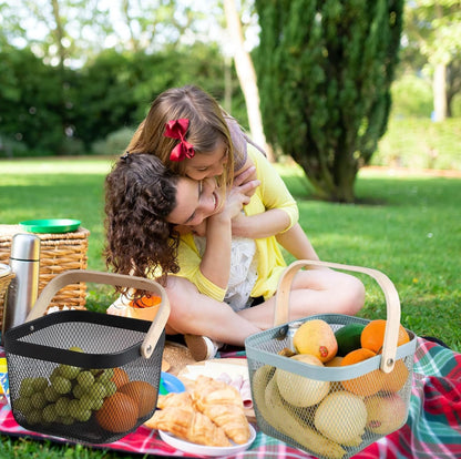 Cheardia 2 Pack Picnic Baskets, Metal Mesh Harvest Basket with Foldable Wooden Handle, Rectangle Garden Storage Basket Bin for Vegetable Fruit Garden Kitchen Cabinet Picking Gathering