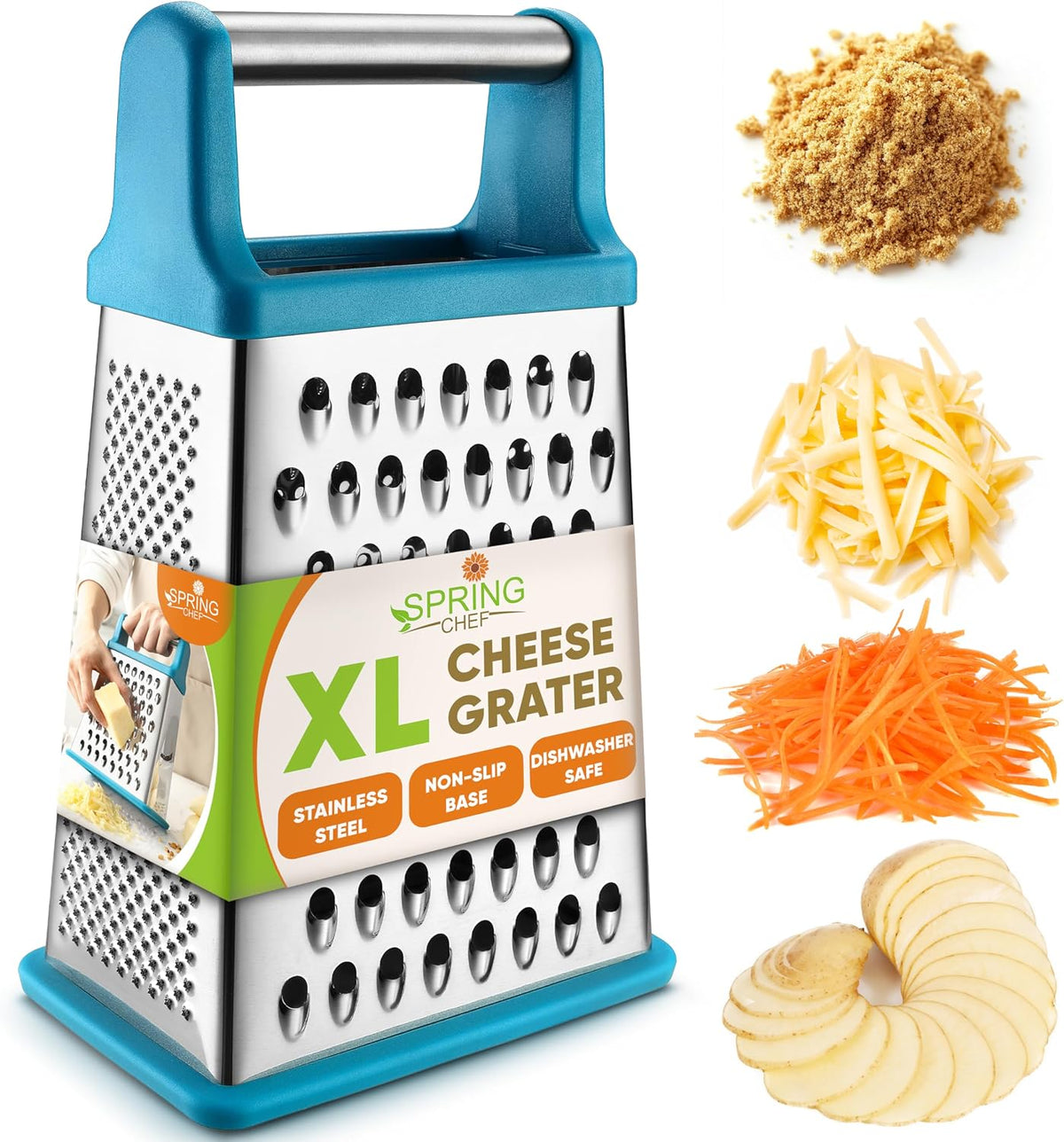 Spring Chef Stainless Steel XL Cheese Grater for Kitchen, Green