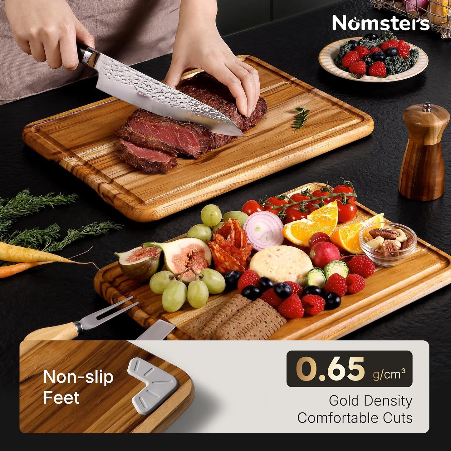 4 Pack Teak Cutting Board Set for Kitchen Heavy Duty Non Toxic Non Slip Solid Thick Wood Haus Chopping Board Extra Large Big Small Meat Best Wooden Charcuterie Board