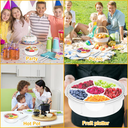 Qivine Veggie Tray with Lid for Fridge, Portable Vegetable Tray with Lid and Dip, 6 Compartments Divided Serving Tray with Lid and Handle, Round Veggie Trays for Serving for Party with 2 Clips