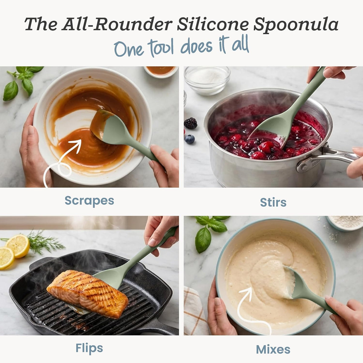 StarPack Silicone Spoonula The All-Rounder 11 Inch - LFGB Spoon Spatula, 600°F Heat Resistant, BPA-Free - One-Piece Seamless, Dishwasher Safe - for Nonstick Cookware, Sage Green